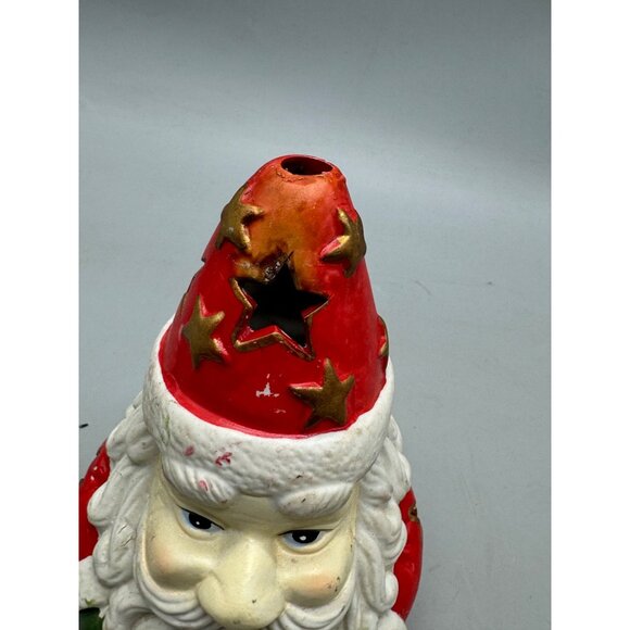 Hand-Painted Ceramic Santa Claus Candle Holder With Star Cutouts 6.5" red READ - Picture 2 of 9